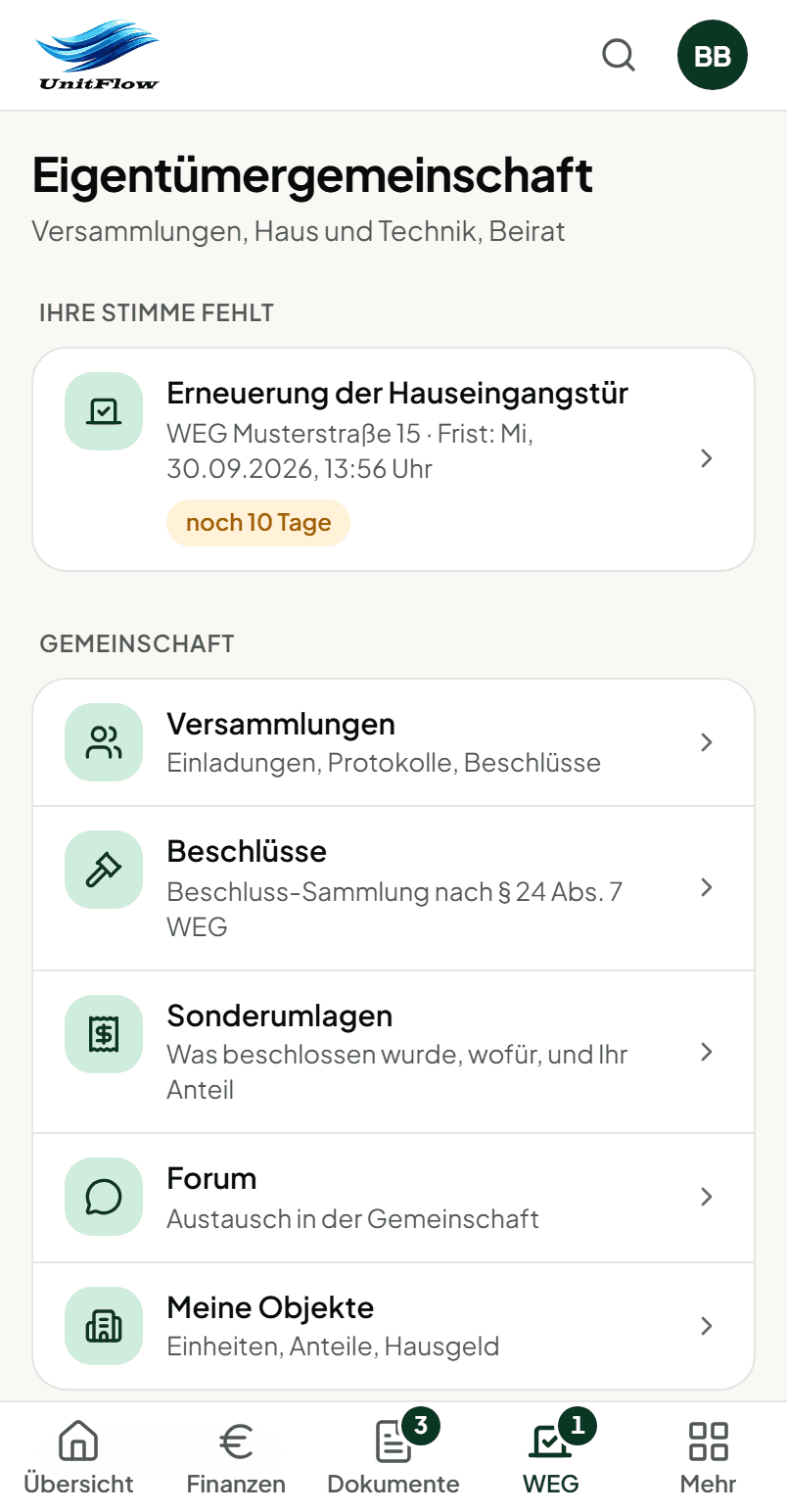 Originalansicht Meine WEG im Eigentümerportal mit Demodaten